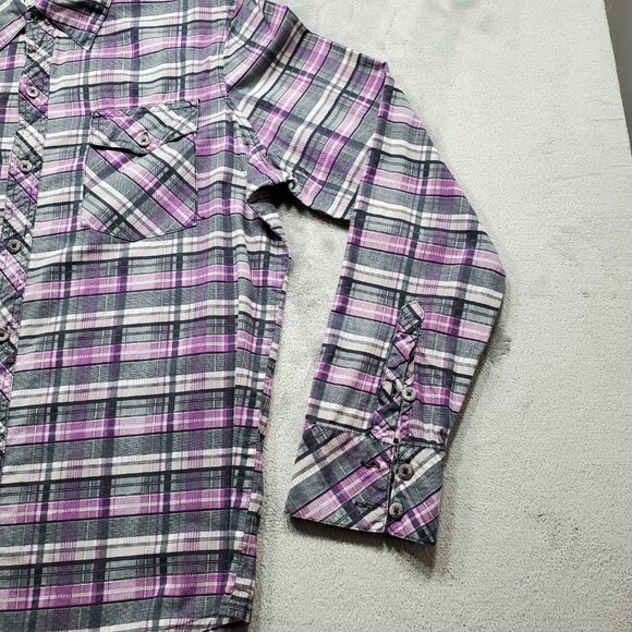 Social Collision Long Sleeve Button Up Plaid Shirt Purple Black Gray Men Sz L - Picture 6 of 10